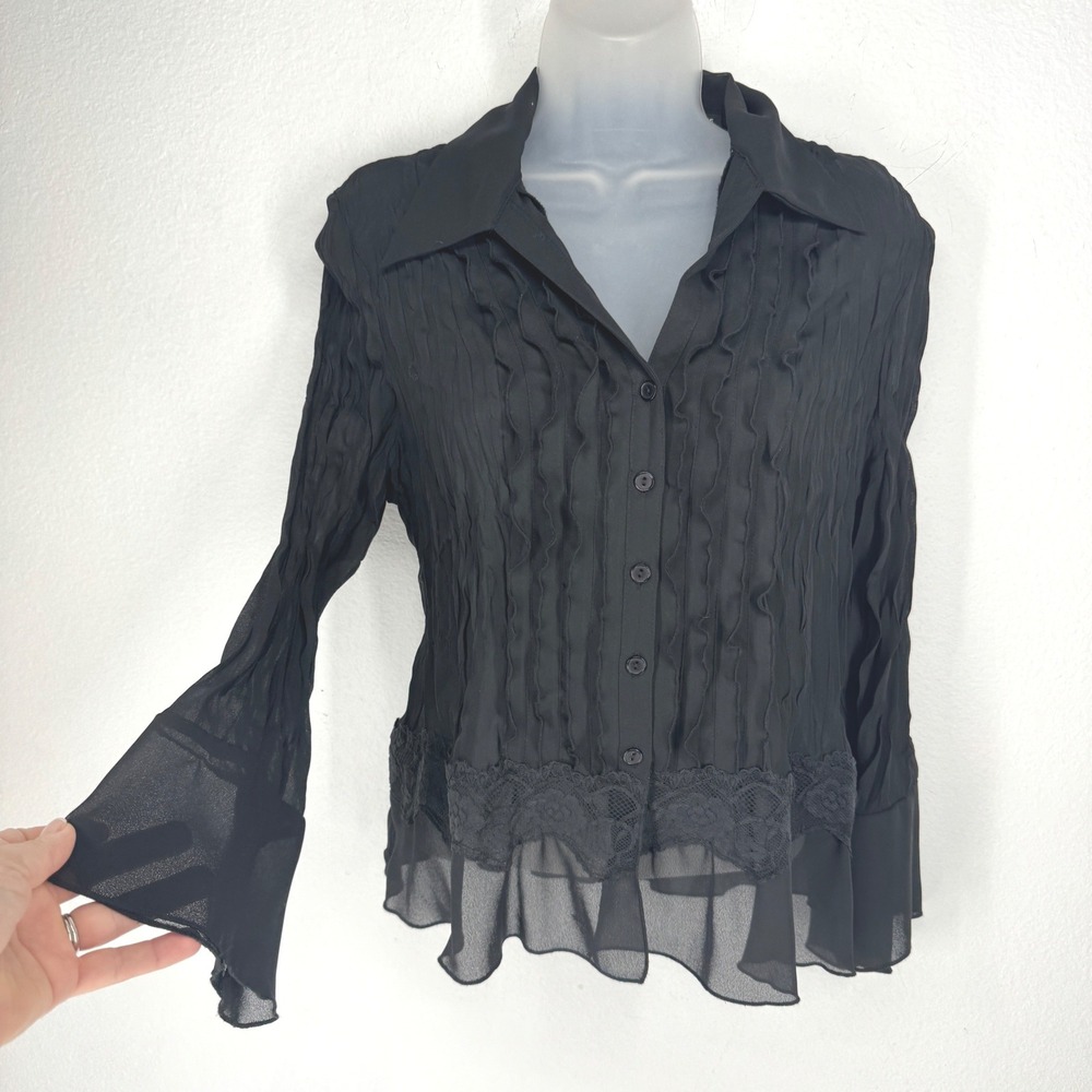 Vintage Crinkle Ruffle Lace Trim Button Down Blouse M Petite Whimsigoth Sheer